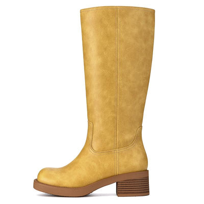 Athlefit Women'S Knee High Boots Square Toe Wide Calf Slip on Chunky Riding Boots for Women Low Heel Shoe Footwear