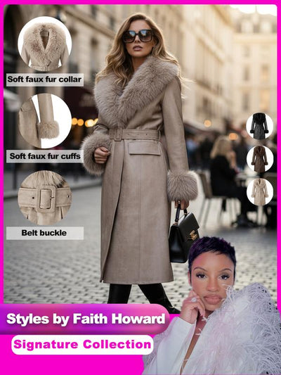 Women'S Fall Winter Long Windproof Waterproof Jacket Coat, Comfortable Faux Fur Collar, Thick PU Leather, Slim Fit with Belted Design