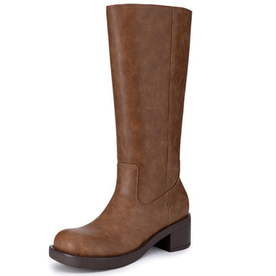 Athlefit Women'S Knee High Boots Square Toe Wide Calf Slip on Chunky Riding Boots for Women Low Heel Shoe Footwear