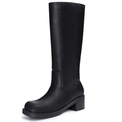 Athlefit Women'S Knee High Boots Square Toe Wide Calf Slip on Chunky Riding Boots for Women Low Heel Shoe Footwear