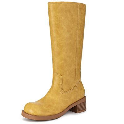 Athlefit Women'S Knee High Boots Square Toe Wide Calf Slip on Chunky Riding Boots for Women Low Heel Shoe Footwear