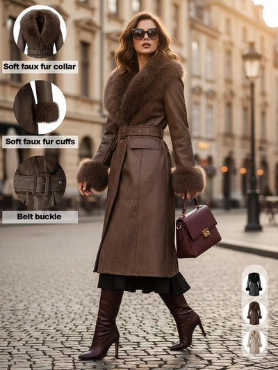 Women'S Fall Winter Long Windproof Waterproof Jacket Coat, Comfortable Faux Fur Collar, Thick PU Leather, Slim Fit with Belted Design