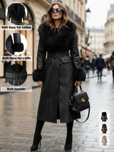 Women'S Fall Winter Long Windproof Waterproof Jacket Coat, Comfortable Faux Fur Collar, Thick PU Leather, Slim Fit with Belted Design