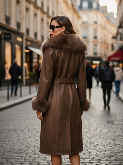 Women'S Fall Winter Long Windproof Waterproof Jacket Coat, Comfortable Faux Fur Collar, Thick PU Leather, Slim Fit with Belted Design