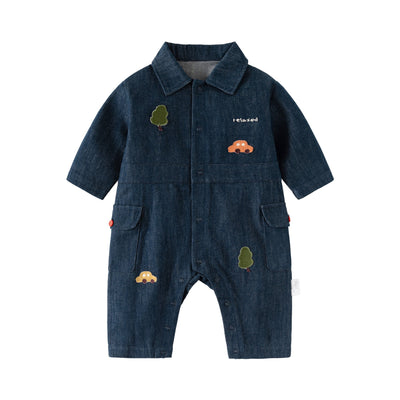 Autumn and Spring Arrival Baby Casual Embroidered Pattern Denim Rompers