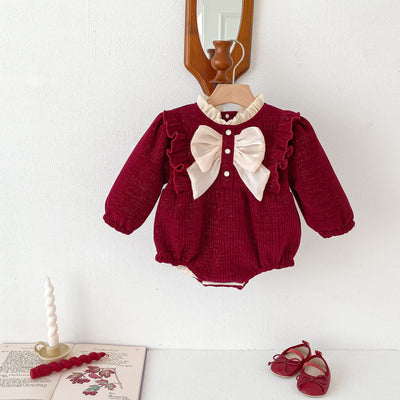 Autumn and Winter Arrival Baby Girls Long Sleeves Ruffle Neck Cozy Fleece Onesies Bodysuits